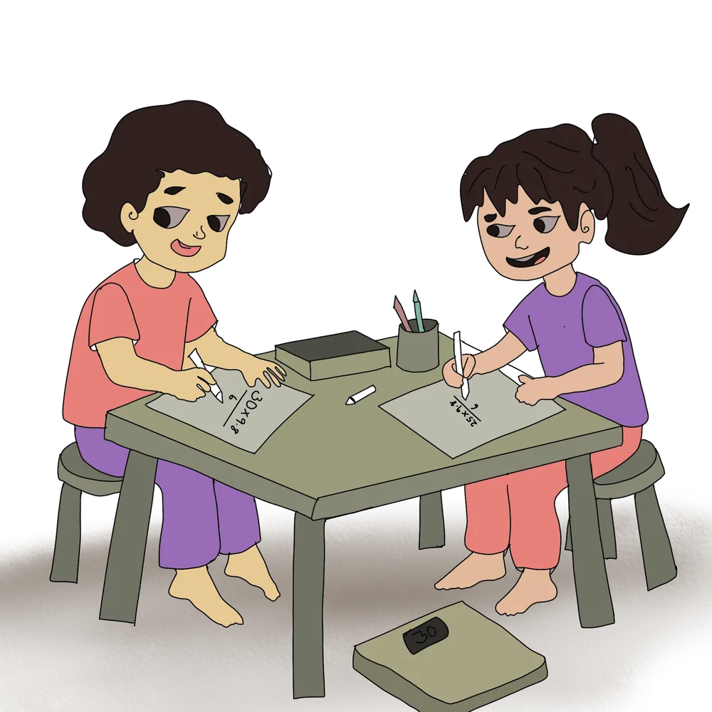Children working through a puzzle together at a table