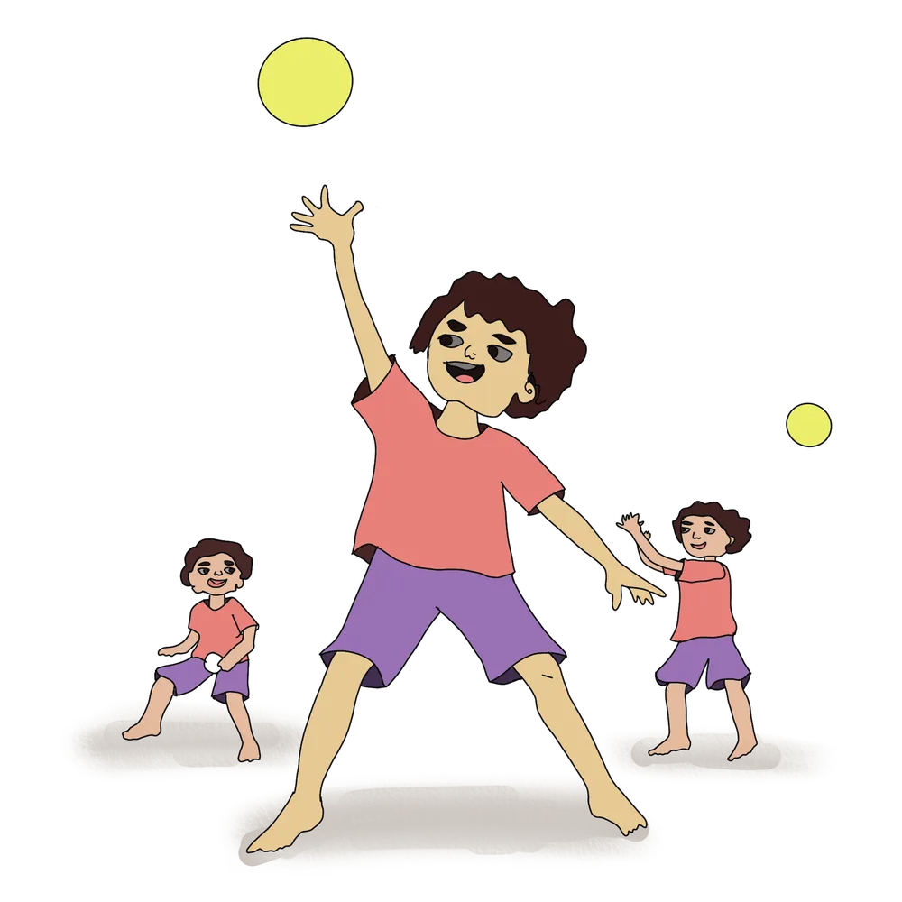 A child throwing a ball straight up to see how gravity brings it back