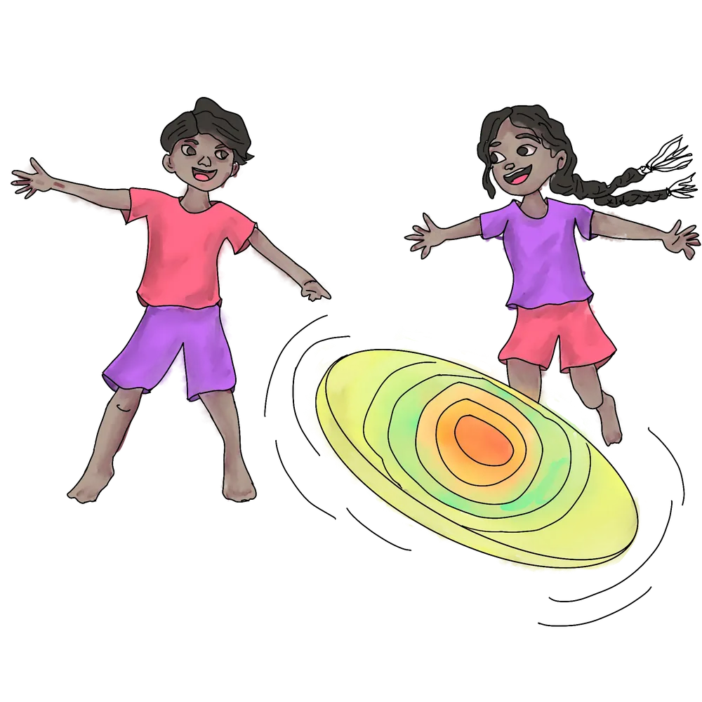 A child spinning on the spot beside the spiral board, feeling the force for themselves