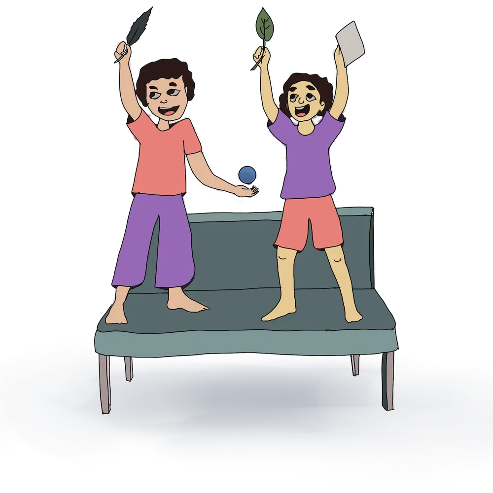 Two children dropping a ball, a leaf and paper from a sofa to see which lands first