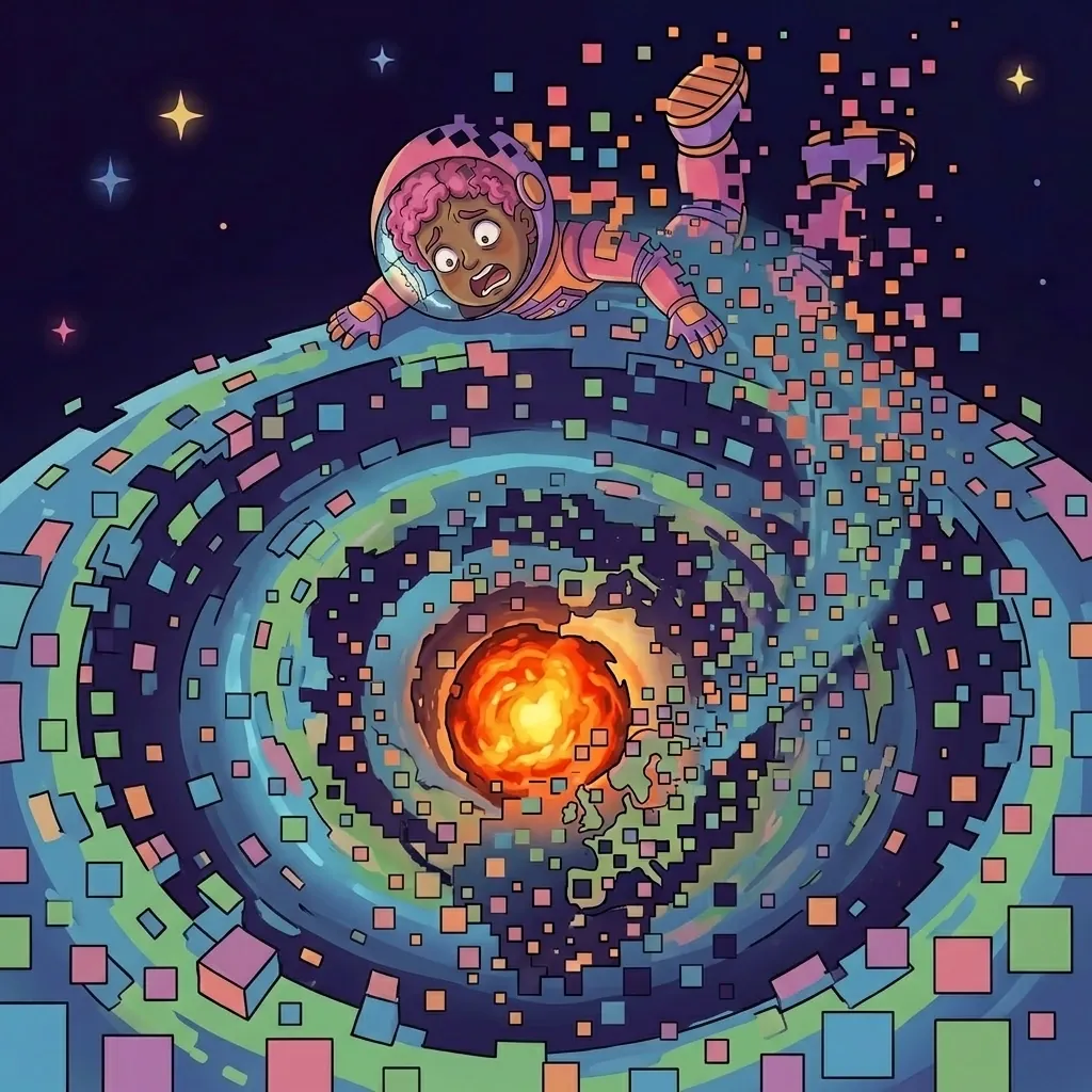 Illustration of a child in a spacesuit floating above a spiral galaxy, from EscapeGravity