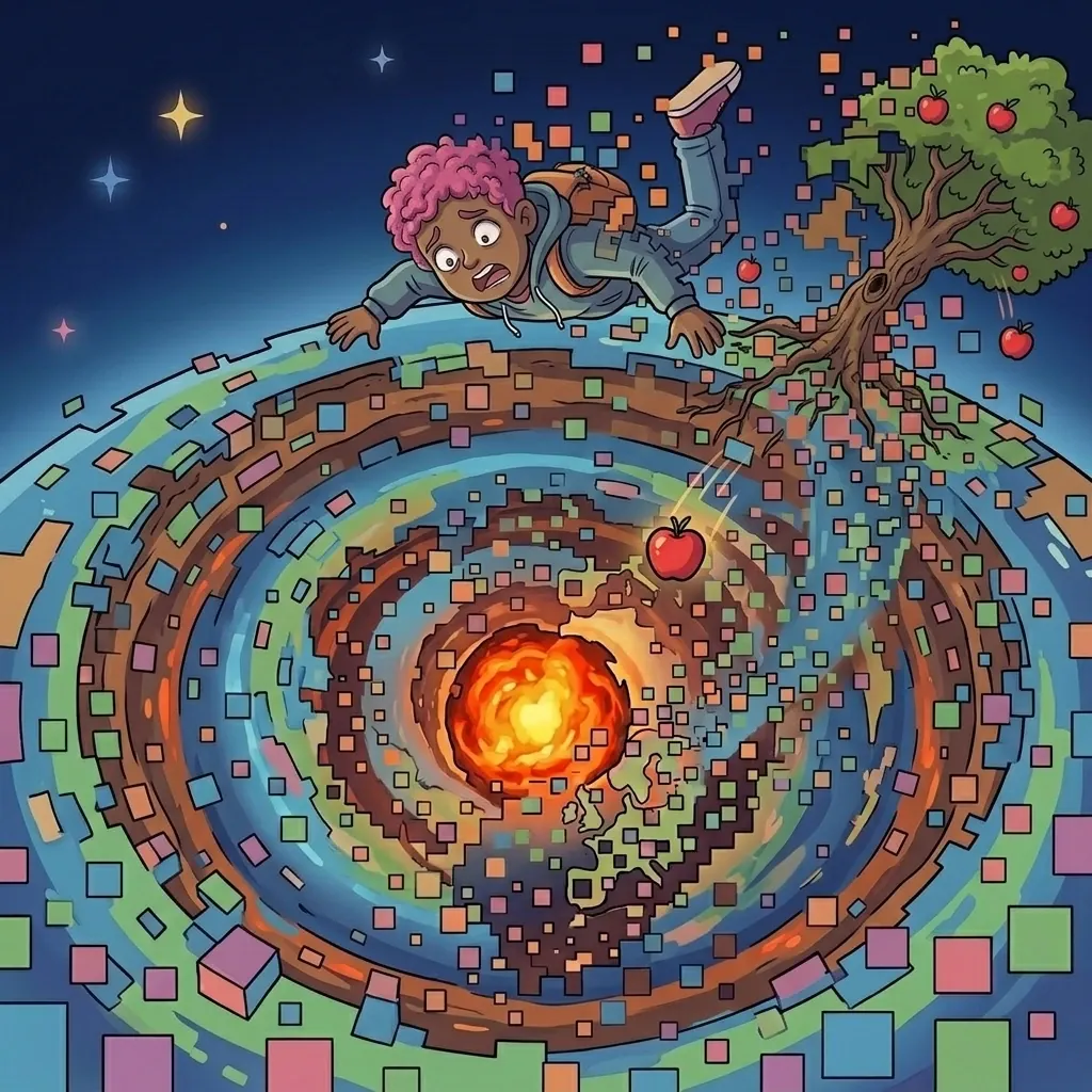 Illustration of a child and an apple tree lifting away as the ground breaks apart