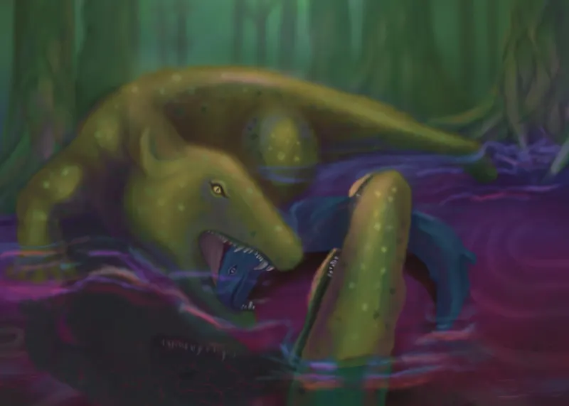 A predatory dinosaur hunting in shallow water, painted for The Story Of Evolution Of Life
